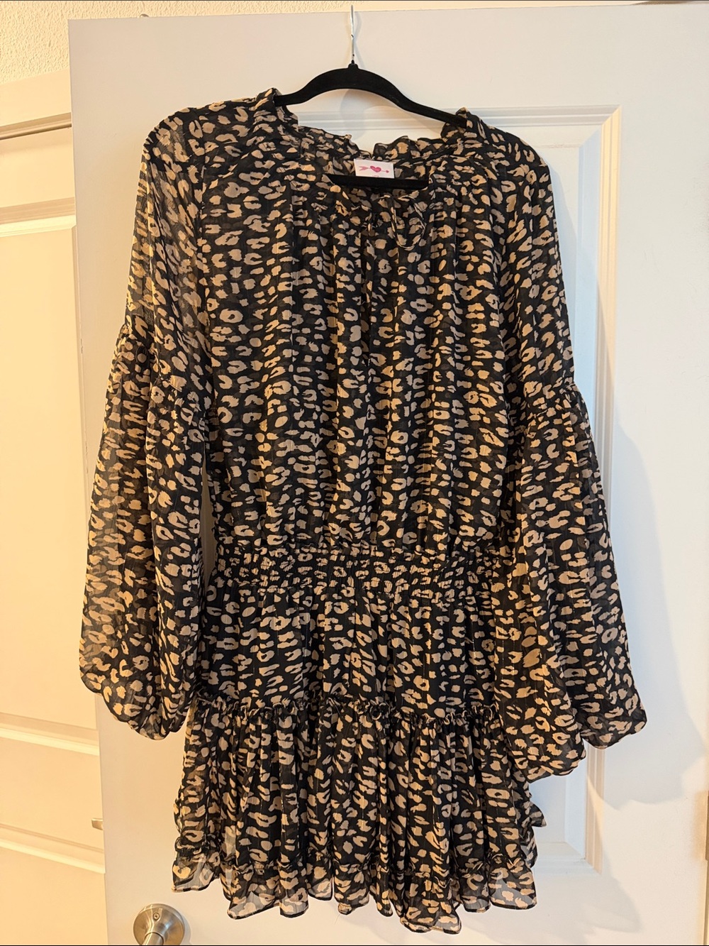 Buddy Love Black and Cream Leopard Print Tiered Long-Sleeve Dress